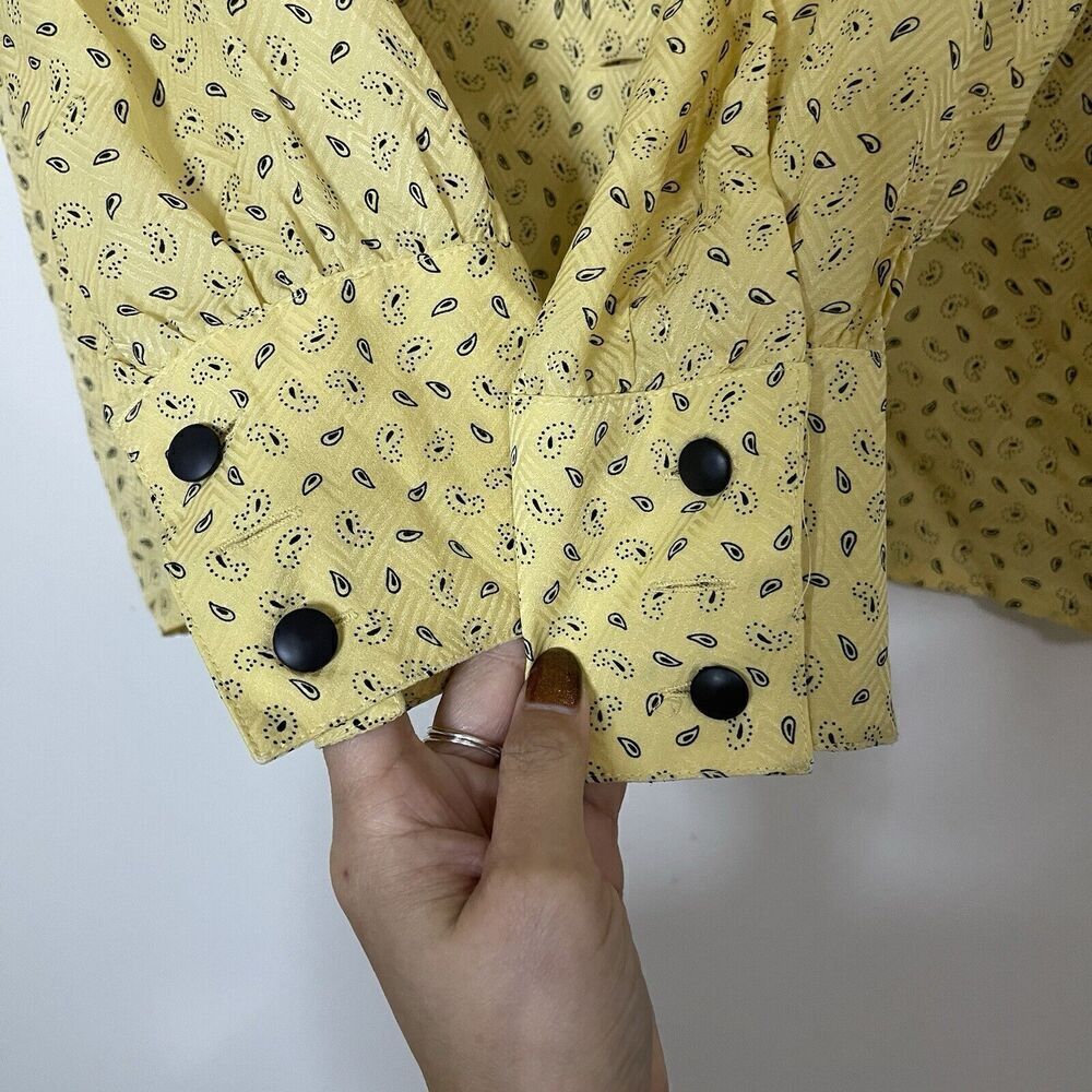Vintage 80's Louis Feraud yellow silk paisley print double button up blouse US 8 - Picture 6 of 9